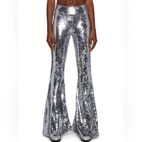 Dolls Kill Pants - Dolls Kill Silver Flare Pants with Retro Glam